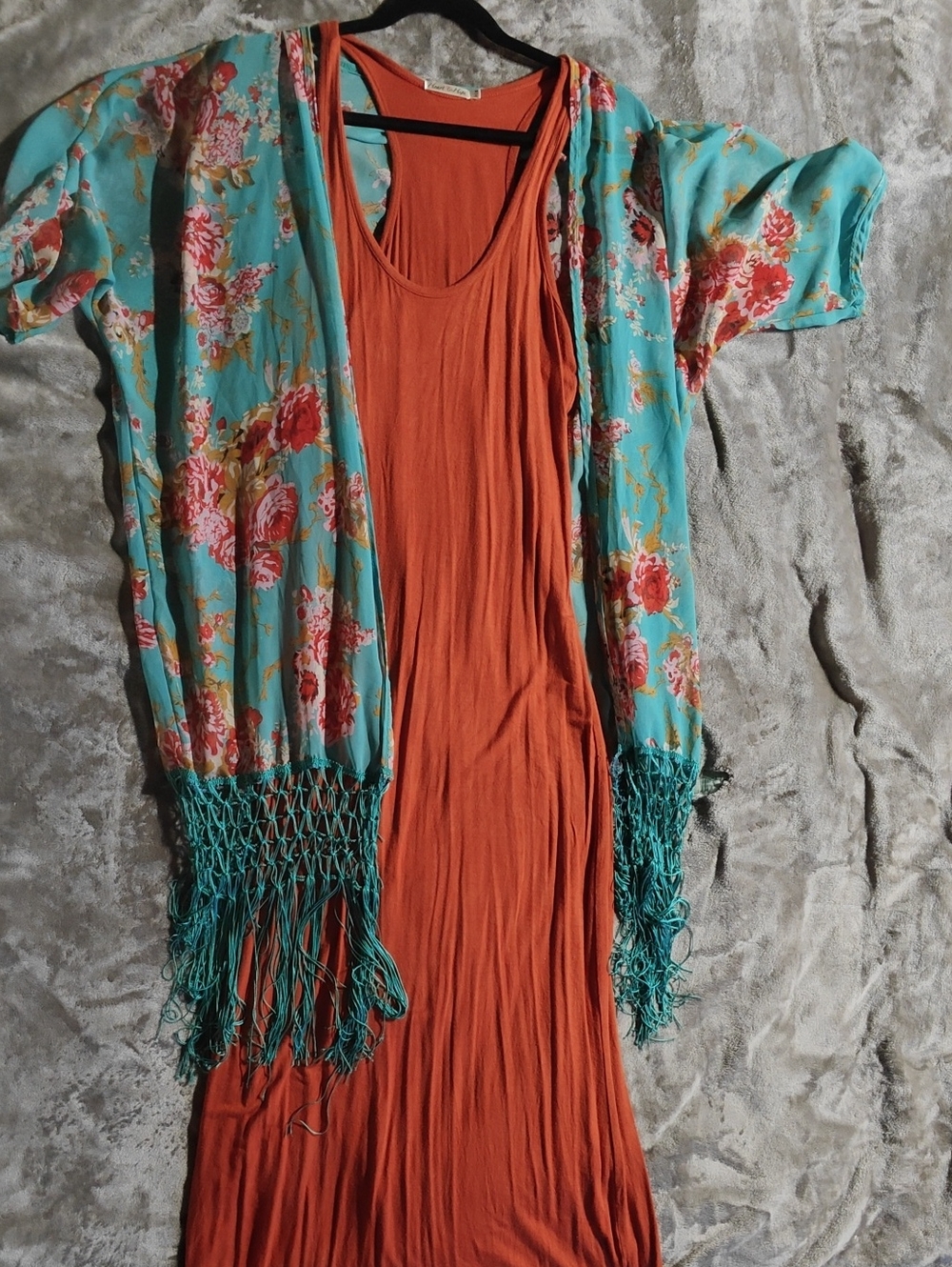 Heart Hips Turquoise Floral Kimono with Rust Orange Top